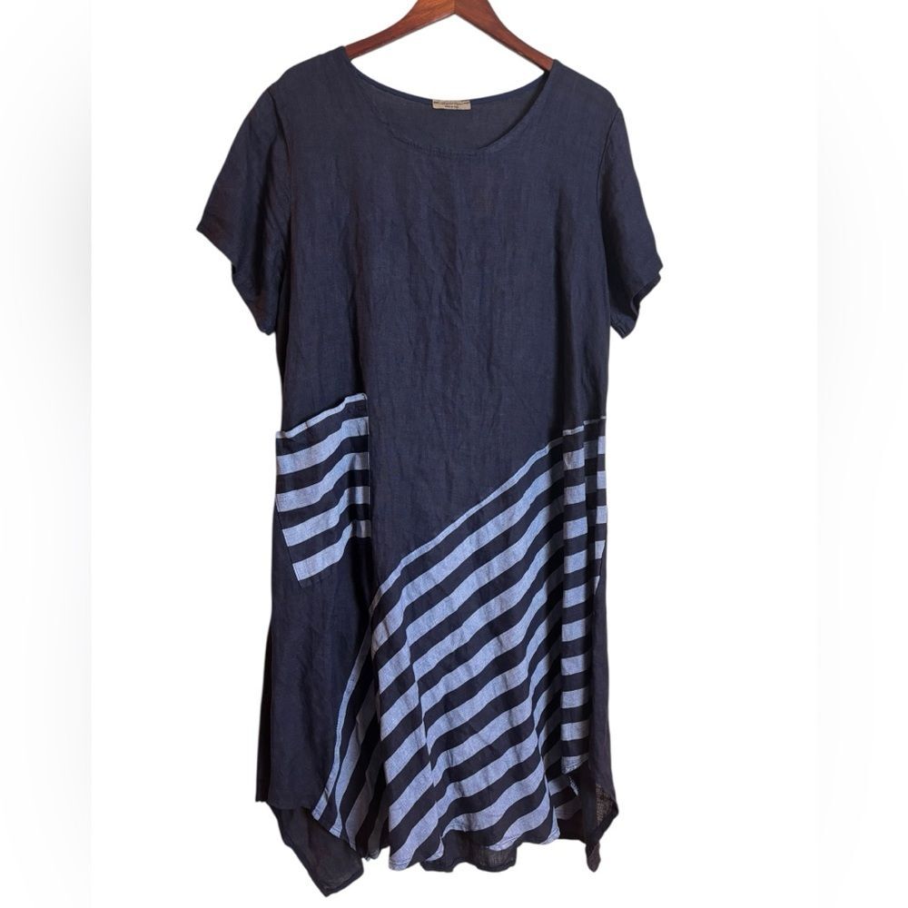 Beyond Capri Italian Linen Asymmetrical Navy Striped Lagenlook Dress One Size